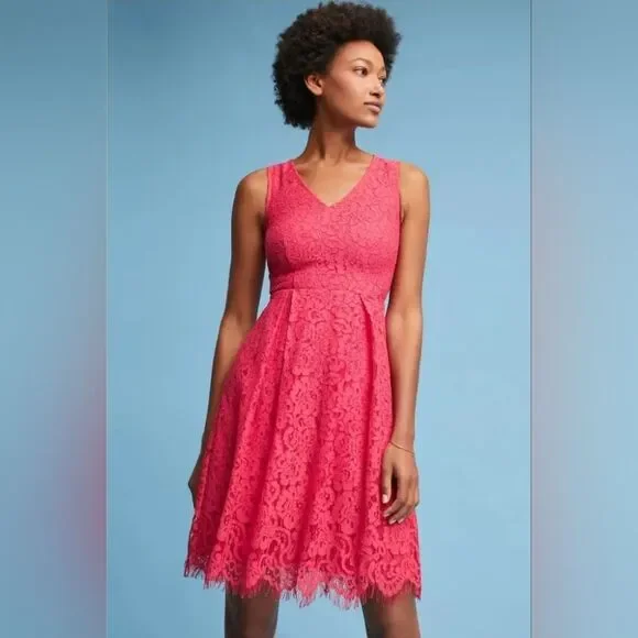 New Anthropologie Seen Worn Kept Elegant Pink Rose Lace V-neck Dress Size 4 - Picture 1 of 7